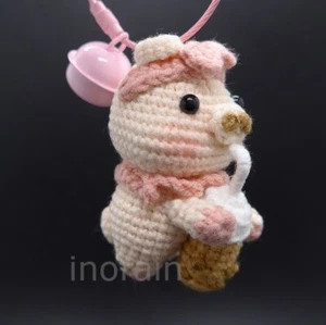 Bubble Tea Drinking Pig Crochet Amigurumi Plush Doll Bag Keychain with Bell - Picture 1 of 5