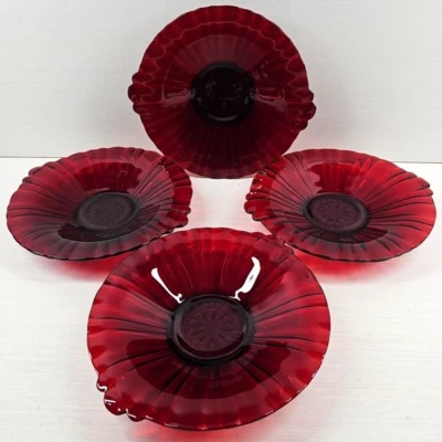 4 Anchor Hocking Old Cafe Royal Ruby Round Trays Set Depression Dish Vintage Lot - Image 1 of 4