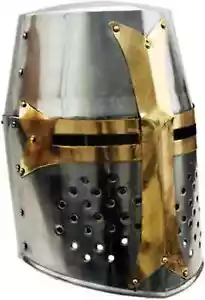 Medieval Knight Brass Crusader Helmet Costume Prop Hat Men Boys Adult Unisex - Picture 1 of 3