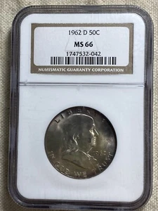 1962 D Franklin Half Dollar NGC MS66 Tough Coin Lightly Toned Well Struck - Picture 1 of 8