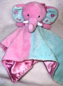 Okie Dokie Elephant Security Blanket Plush Rattle Lovey Pink and Mint Green - Picture 1 of 8