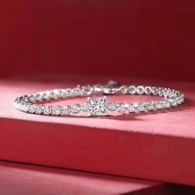 White Treated Diamond Tennis Bracelet With Center Princess Cut VVS1 Certified ! - Image 1 of 4