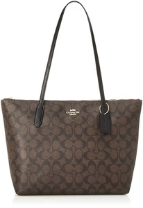 Coach Tote Bag 4455 Im Brownblack Zipper Pvc Coated Canvas Leather - Picture 1 of 5