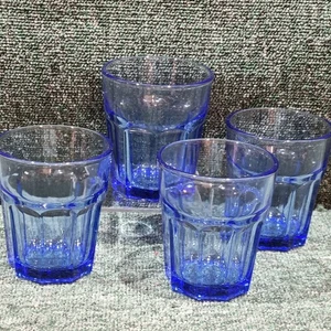 4 x small IKEA POKAL 9 Paneled Blue Glass Tumblers Made In france 22950 - Picture 1 of 12