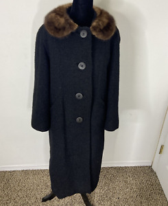 Vintage Hudsons Bay HBC Wool Coat Woman M/L Fur Collar Black Penny Lane