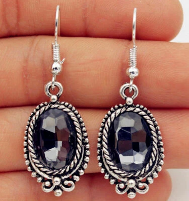 Pretty New Tibetan Silver Smoky Crystal Oval Charm Hook Dangle Drop Earrings - Image 1 of 2
