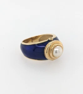 H. Stern - 18k Yellow Gold Blue Enamel & Pearl Ring - Size 5.75 - Picture 1 of 23