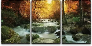 24"x36"-Forest Waterfall Wall Art Autumn Landscape Canvas Wall Art Set of 3 - Picture 1 of 5