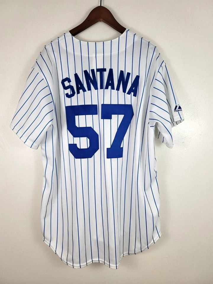 Camiseta deportiva Majestic NY Mets auténtica Johan SANTANA #57 blanca a rayas XL Jn2 Foto 1 de 4