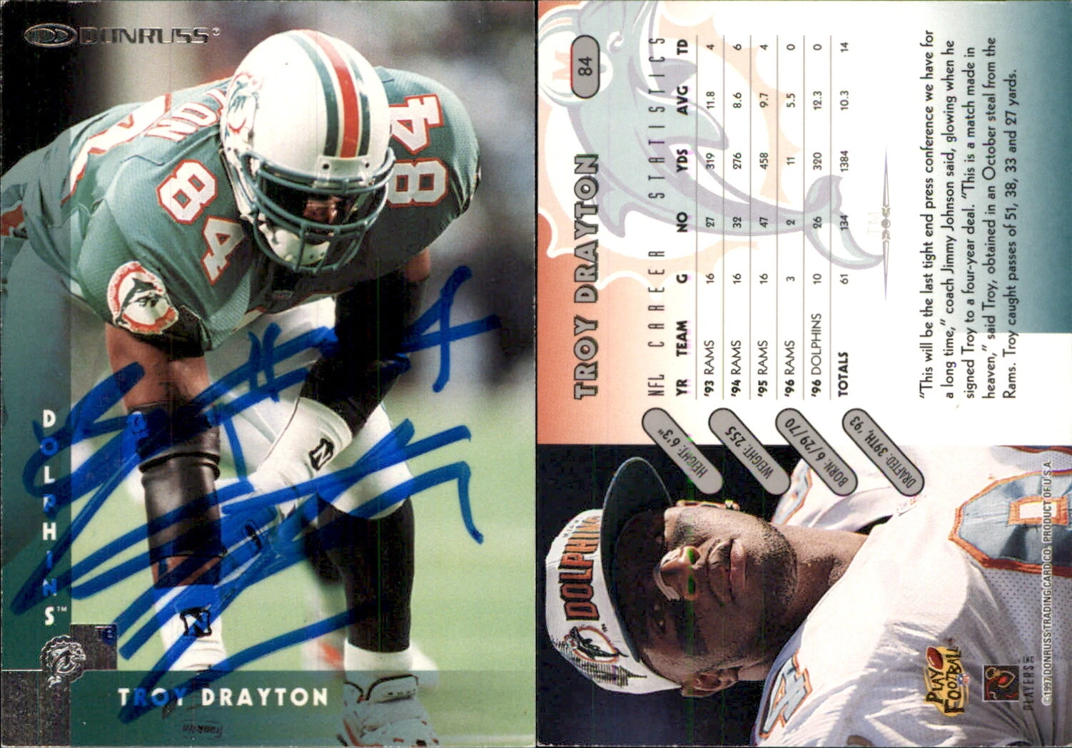 Troy Drayton Signed 1997 Donruss #84 Card Miami Dolphins Auto AU