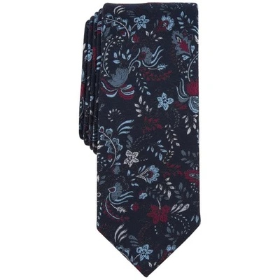 bar III 领带男式多巴哥植物海军蓝花卉领带棉混纺全新带标签 — 第 1/4 张图片