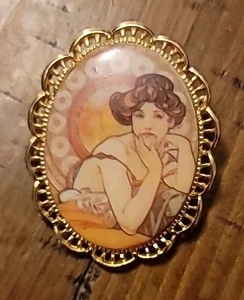 Rare Vtg Costume Jewelry Art Nouveau Style 2" Brooch Pin w Woman - Picture 1 of 2
