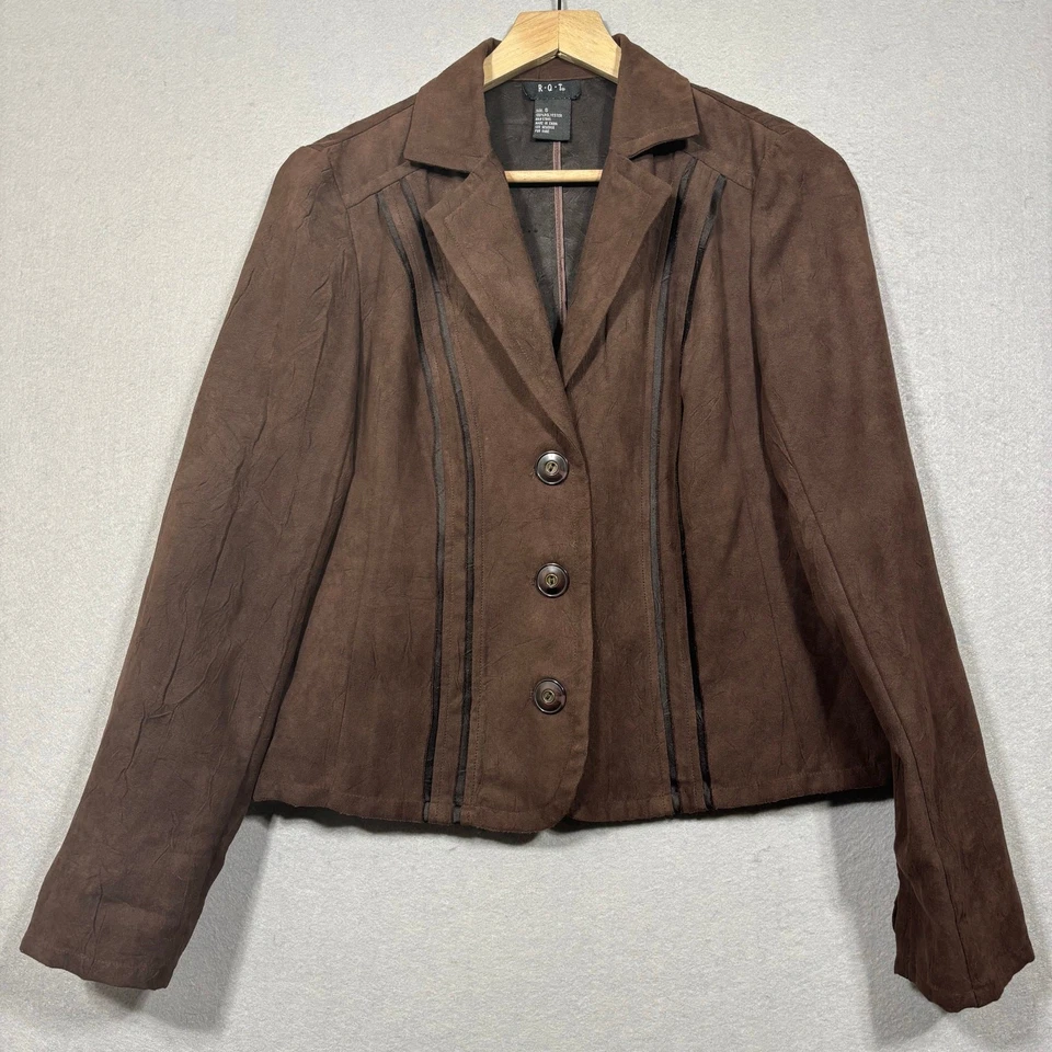Chaqueta Blazer RQT Imitación Gamuza Pequeña Marrón Negra Western Retro Boho Carrera Informal Foto 1 de 4