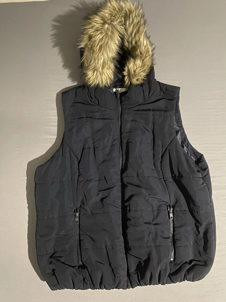 Chaqueta Liz Claiborne para mujer 3X chaleco acolchado azul imitación piel ribete capucha Foto 1 de 4