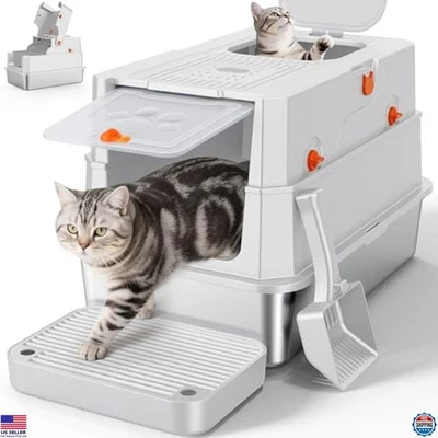 Caja de arena para gatos FURTIME XL extra grande de acero inoxidable - lados altos, sin olores Foto 1 de 4
