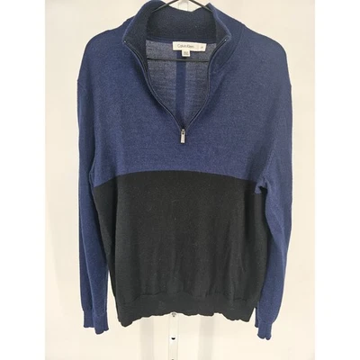 Calvin Klein Mens Sz L Wool Blend 1/4 Zip Sweater Black Blue Color Block - Image 1 of 4