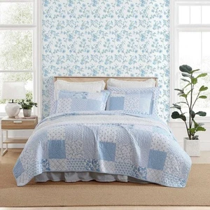 Laura Ashley Colleen's Coastal Patchwork 3-Piece Blue 100% Cotton King Quilt Set - Picture 1 of 11