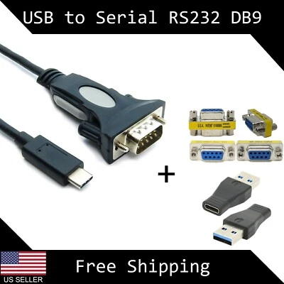 3ft USB 3.0 & USB-C to RS232 Serial Cable Adapter DB9 Male/Female FTDI Chipset - Image 1 of 4