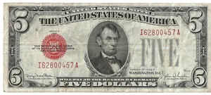 1928 F Five Dollars, Red Seal, US Bank Note, Circulated condition. - Picture 1 of 2