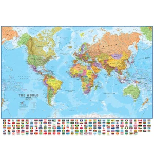 Decorative World Map With Flags Poster Wall Art for School Classroom Educational - Picture 1 of 10
