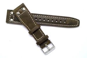 22mm Brown/White Double Rivet Style Nostalgic Leather Watch Band Silver Buckle - Picture 1 of 4
