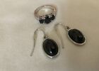 Two Sets Bundle Silver Filigree Black Stone Onyx Color Necklace Two Ring Earring