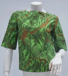 Vintage 50s Green Abstract Print Button Down Back Top Blouse Fitted Shirt - Bild 1 von 11