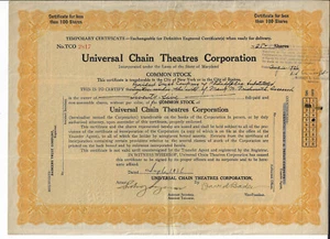MARYLAND 1936 Universal Chain Theaters Corporation Temporary Stock Certificate - Picture 1 of 2