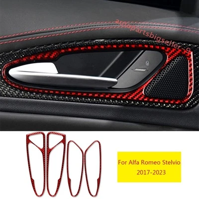 Para Alfa Romeo Stelvio 17-23 Rojo Fibra de Carbono Interior Manija Marco Borde 4X Foto 1 de 4