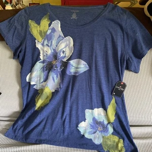 St John’s Bay Women Short Sleeve Shirt 1X Blue:flowers New With Tags - Bild 1 von 5