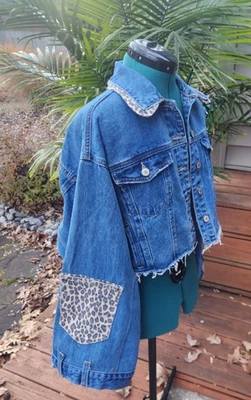 Upcycled Handmade Boho Oversized Cropped Denim  & Leopard Jacket - S/L - Image 1 of 4