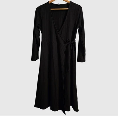 Vestido envolvente midi azul marino antiguo negro acanalado manga L tejido elástico caprichoso Foto 1 de 4