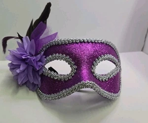 Purple Sequin with a Rose and Feather Masquerade Mask with Glider - Picture 1 of 4