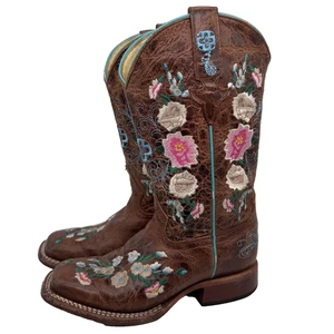 Macie Bean Girls Boots Size 1 Brown Floral Embroidered Cowgirl Western Rodeo - Picture 1 of 10
