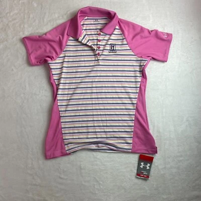 女式中号粉色白色 Under Armour 高尔夫 Sugarloaf TPC 短袖 Polo 衫 — 第 1/4 张图片