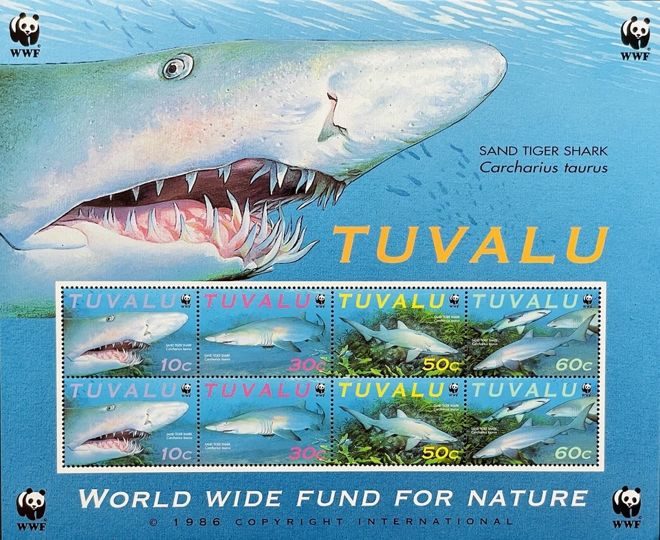 HOJA DE ESTAMPILLAS DE TIBURÓN TIGRE ARENA TUVALU WWF 2000 MNH FONDO MUNDIAL DE VIDA SILVESTRE MARINA 1 Foto 1 de 1