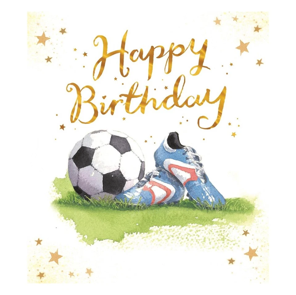 Tarjeta de cumpleaños masculina abierta de diseño de fútbol americano con acabado de papel de aluminio Foto 1 de 1