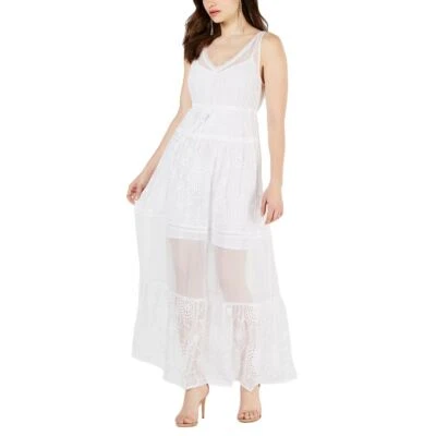 Vestido maxi feminino GUESS branco puro Adrina bordado sobreposição de chiffon P TEDO - Imagem 1 de 2