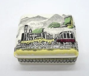 Vintage Porzellan Eisenbahn Schmuckschatulle Made in England Transferware 1860er Züge - Bild 1 von 12