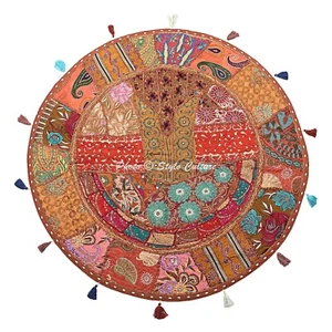 Brown Vintage Patchwork Floor Pillow Cushion Cover Round Ottoman Pouf Cushion - Picture 1 of 6