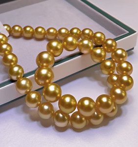 18"11-12mm natural south sea genuine gold perfect round pearl necklace AAA 14k