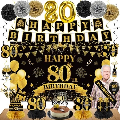 42PCS 80th Birthday Decoration Kit for Men Women, Black Gold Happy 80th Bday ... - Изображение 1 из 4