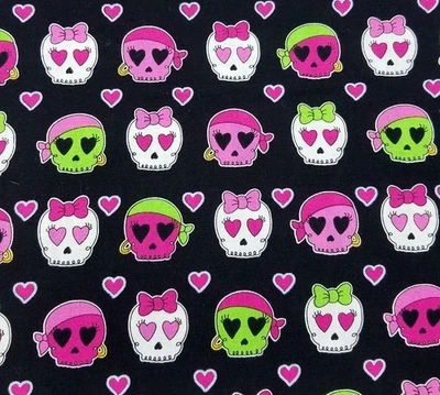 Pink Hearts Skulls Fabric By The Yard HiFashion Fabrics Black Pink Green Cotton - Image 1 of 4