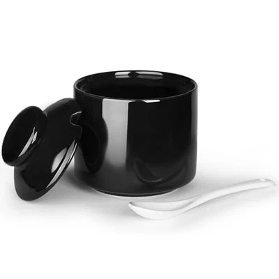  Tigela de açúcar 8 oz com tampa e colher, frasco de açúcar de cerâmica dispensador de açúcar preto - Imagem 1 de 4