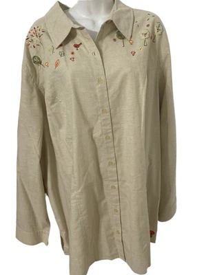 Liz & Me Plus Size 2X Beige Long Sleeve Button Up embroidered leaf Shirt NWT - Image 1 of 4