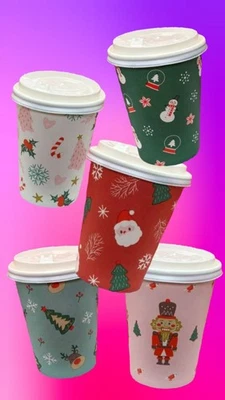 Tazas de café/cacao calientes de papel desechables de 12 oz-16 oz + tapas vacaciones Navidad invierno Foto 1 de 4