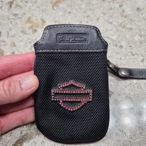 Harley Davidson Womens Black Leather Mesh Pouch Bling Pink Crystals Keychain - Picture 1 of 9