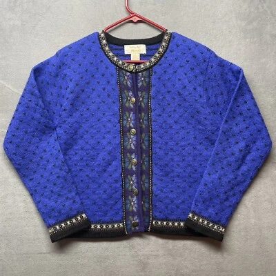 Vintage Tally-Ho Royal Blue 100% Boiled Wool Cardigan Sweater Medium Flowers - Image 1 of 4