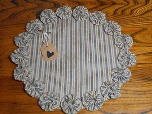 Primitive Farmhouse Blue / Tan Stripe Fabric Candle Mat Topper YoYo Doily #25 - Picture 1 of 2