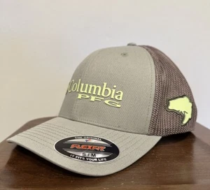 Columbia PFG Hat S/M Flexfit High Crown Mesh Ball Cap Sage Green Fish Logo NWT - Picture 1 of 5